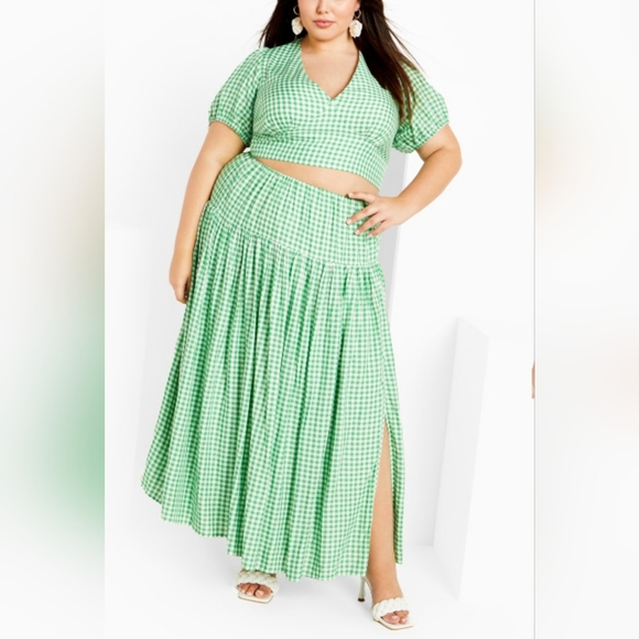 🆕 City Chic Plus Size 14 1X Set Green Gingham Plaid Crop Top Maxi Skirt Outfit - Picture 1 of 6